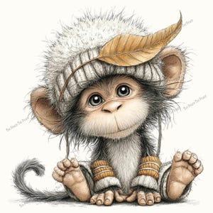 May include: A charming illustration of a baby monkey wearing a fuzzy, striped hat with a large leaf. The monkey has big, expressive eyes and is wearing matching wrist warmers. The artwork is detailed and has a soft, whimsical feel.