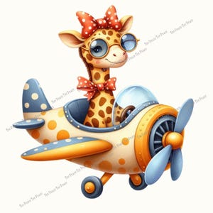 May include: A whimsical illustration of a giraffe wearing glasses and a bow tie, seated in a vintage airplane. The plane is yellow and blue with polka dots, and the giraffe has brown spots. The propeller is blue.