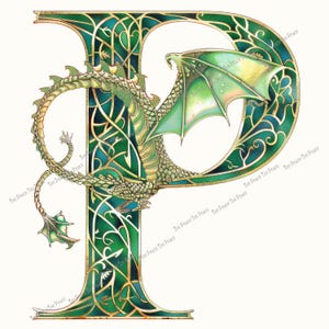 May include: An ornate letter "P" with a green dragon illustration. The letter is green with gold filigree and a dragon with green wings. The dragon is wrapped around the letter. The background is white.