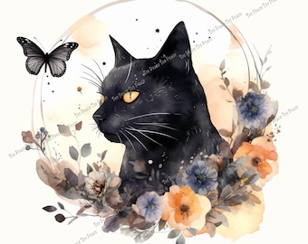 Panel de tela floral primaveral de gato negro, cuadrado para coser colchas, varios tamaños, fc2d