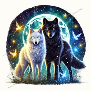 May include: An illustration of two wolves, one white and one black, standing side-by-side. They are set against a backdrop of a full moon, stars, and butterflies. The artwork has a fantasy theme.