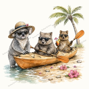 May include: A watercolor illustration featuring a koala wearing a straw hat and sunglasses, a wombat, and a quokka in a wooden kayak on a sandy beach. The quokka holds a paddle and a tropical drink. A palm tree and pink hibiscus flowers are visible.
