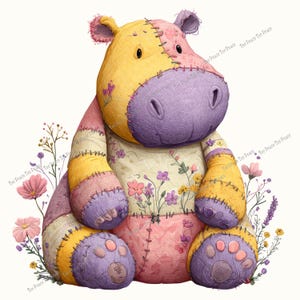 May include: A patchwork hippo plush toy in yellow, pink, and purple, with floral accents. The stuffed animal has stitched seams and sits among delicate flowers. The hippo's design is whimsical and colorful, suitable for a nursery or child's room.