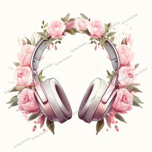 May include: A pair of white and pink headphones surrounded by a wreath of pink roses and green leaves. The headphones have a light pink headband and earcups. The background is a soft off-white color.