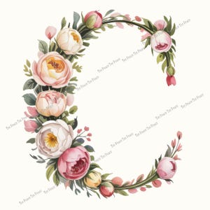 May include: Floral letter "C" design. The letter is formed by a wreath of pink, peach, and white peonies, buds, and green leaves. The background is a soft white. The text "Tee Peace Tee Peace" is repeated diagonally across the image.