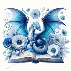 May include: A fantasy illustration of a blue dragon with large wings, surrounded by white and blue flowers, sitting on an open book. The dragon has a detailed, scaled body and is holding a crystal ball. The artwork has a whimsical, fairytale theme.
