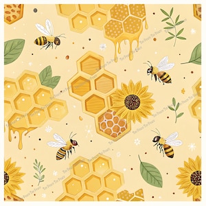 May include: A repeating pattern featuring bees, sunflowers, and honeycombs on a light yellow background. The design includes illustrations of bees with black and yellow stripes, sunflowers with brown centers, and dripping honey. Green leaves and small white flowers are also scattered throughout.