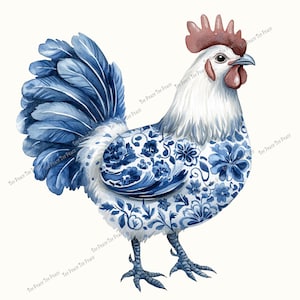 May include: Watercolor illustration of a rooster with white feathers and a red comb. The rooster's body is adorned with a blue floral pattern, and its tail feathers are a vibrant blue. The artwork is set against a plain white background.