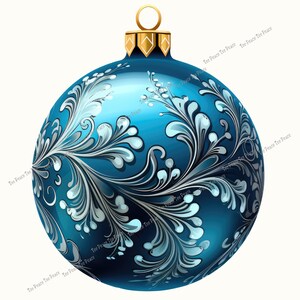 May include: A blue Christmas ornament with a gold cap and a silver and white floral design. The ornament has a glossy finish and is a sphere shape. The text "Tee Peace Tee Peace" is repeated diagonally across the ornament.