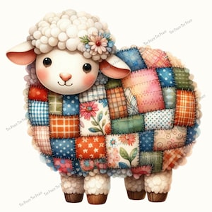 May include: A whimsical illustration of a sheep with a patchwork quilt body. The sheep has a white, fluffy head with a flower crown. The body is made of colorful, patterned fabric squares in shades of blue, pink, orange, and green. The text "Tee Peace Tee Peace" is repeated around the image.