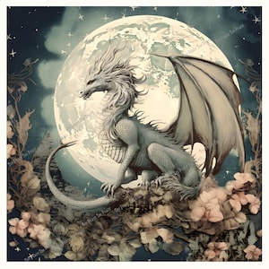 May include: A fantasy illustration of a dragon with gray scales, sitting on a bed of flowers. The dragon has large wings and is set against a backdrop of a full moon and a starry night sky. The artwork has a soft, ethereal quality.