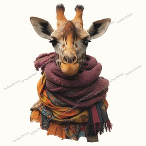 May include: A digitally created image of a giraffe wearing a burgundy scarf and a colorful patterned garment. The giraffe has a brown and tan coat with dark eyes and long eyelashes. The image has the text "Tee Peace Tee Peace" repeated diagonally.