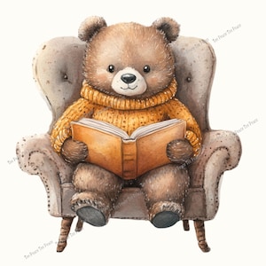May include: A brown teddy bear wearing a mustard yellow knit sweater sits in a light gray tufted armchair while holding an open book. The illustration features the repeated text Tee Peace Tee Peace across the image in a light gray font.