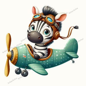 May include: A whimsical illustration of a zebra wearing a brown aviator helmet and goggles, piloting a teal airplane with a wooden propeller. The plane has polka dots and a gold engine.