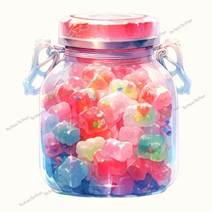 May include: A glass jar filled with colorful, cube-shaped candies. The candies are various shades of pink, red, blue, green, and yellow. The jar has a red lid and silver clasps. The candies appear to be marshmallows or similar treats.