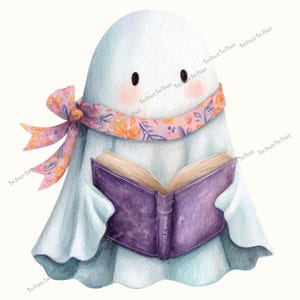 May include: A watercolor illustration of a friendly ghost reading a book. The ghost is white with rosy cheeks and black eyes, wearing a floral scarf and holding a purple book. The image has the text "Tee Peace Tee Peace" repeated.