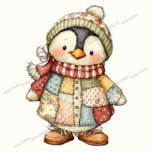 May include: A watercolor illustration of a cute penguin wearing a patchwork coat, striped scarf, and a hat with a pom-pom. The penguin has rosy cheeks and brown shoes. The image has the text "Tee Peace Tee Peace" repeated.