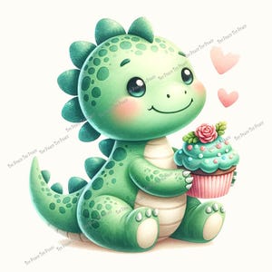 May include: A cute, cartoon-style illustration of a green dinosaur holding a cupcake. The dinosaur has large eyes, a friendly smile, and pink cheeks. The cupcake is teal with pink and white decorations, and a pink rose on top. Two pink hearts float above.