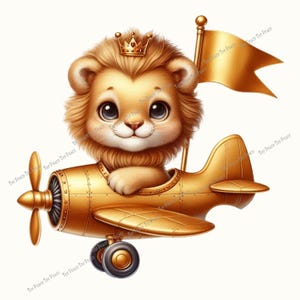 May include: A golden-yellow cartoon illustration of a lion cub wearing a crown and flying a vintage airplane. The airplane has a propeller, wheels, and a flag. The lion cub has big eyes and a friendly expression.
