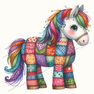 May include: A whimsical, colorful illustration of a patchwork horse. The horse has a white head with blue eyes and a pink blush. Its body is made of various patterned squares in shades of red, orange, green, purple, and blue. The mane and tail are rainbow-colored.