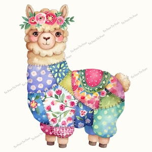 May include: A watercolor illustration of a friendly llama with a floral crown. The llama has a patchwork design in shades of blue, pink, green, and yellow. The image has the text "Tee Peace Tee Peace" repeated diagonally across the image.