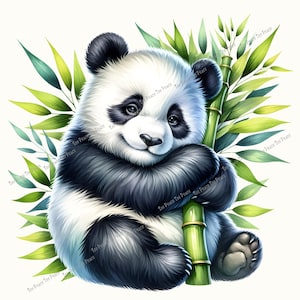 May include: A smiling panda bear illustration with black and white fur, holding a green bamboo stalk. The panda is surrounded by green bamboo leaves against a white background. The text "Tee Peace Tee Peace" is repeated around the image.