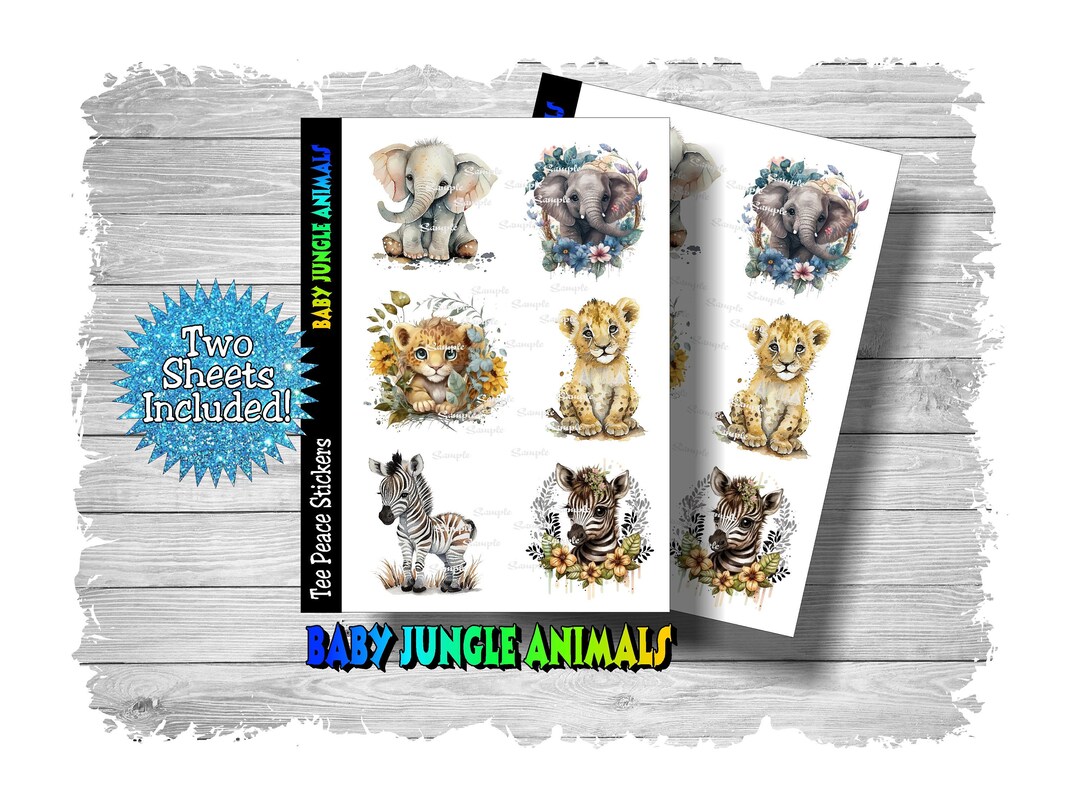 Baby Jungle Animal Sticker Sheets, 2 Sheet Bundle, Elephant Zebra