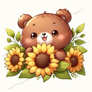 May include: A cartoon illustration of a brown bear holding three sunflowers. The bear has large, dark eyes, rosy cheeks, and a smiling mouth. The sunflowers have yellow petals and brown centers, surrounded by green leaves.