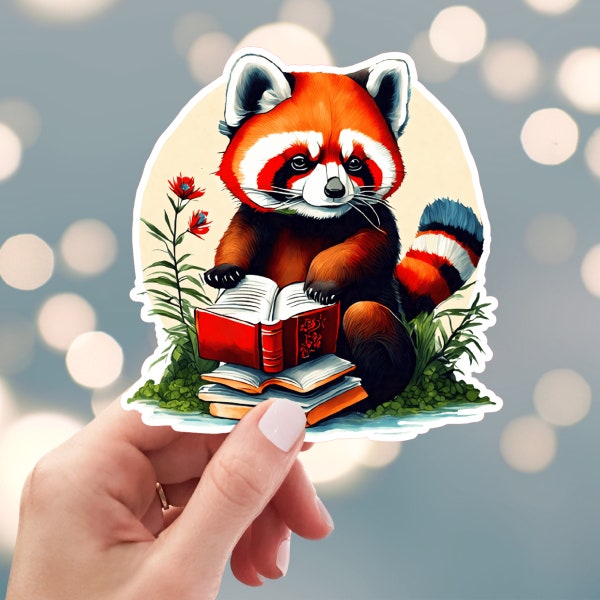 Red Panda Sticker,  Red Panda Reading Book Sticker, Panda Bear Sticker, Red Panda Library Books Sticker, Water Bottle Sticker (s1r)