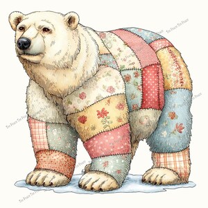 May include: A polar bear illustration with a patchwork design. The bear's body is covered in colorful fabric patches with floral and patterned designs. The bear stands on a small patch of ice, with the words "Tee Peace Tee Peace" in the image.