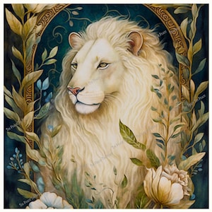 May include: A watercolor painting of a white lion with a golden mane, surrounded by lush greenery and flowers. The lion's face is detailed, with a pink nose and green eyes. The background is a dark teal color, with the text "Tee Peace" repeated.