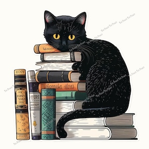 May include: A black cat with yellow eyes rests on a stack of books. The books have various colors and titles, including "BOCS" and "ECINEB DAAS". The cat's fur is sleek, and it is positioned to the right of the books.