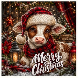 May include: A brown and white calf wearing a red and black buffalo plaid Santa hat and matching scarf. The calf is surrounded by Christmas decorations, including lanterns, a star, and a sign that reads Warm Wishes and Mistletoe Kisses.