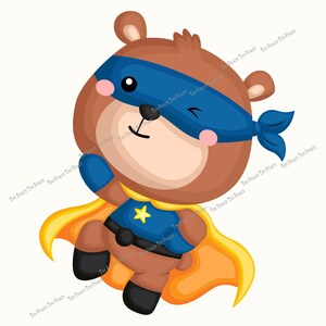 May include: A cartoon illustration of a brown bear dressed as a superhero. The bear wears a blue mask, cape, and shirt with a yellow star. The bear is in a flying pose with a winking expression.
