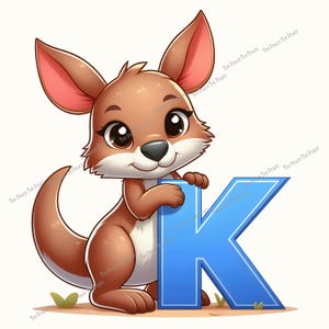May include: A cartoon kangaroo in shades of brown and tan, holding a large blue letter "K". The kangaroo has large, expressive eyes and is smiling. The background is white with some grass at the bottom. The text "Tee Peace Tee Peace" is repeated diagonally across the image.