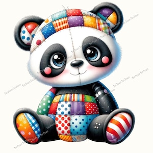 May include: A cute panda bear plush toy with a patchwork design. The panda has a white face, black eyes, and a colorful patchwork pattern on its head, arms, and legs. The bear is sitting with its legs out.