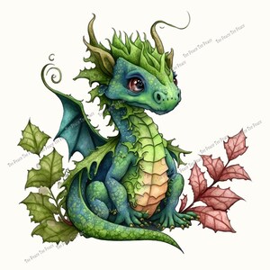 May include: A watercolor illustration of a friendly green dragon with blue accents, large eyes, and leafy details. The dragon is surrounded by green and red leaves, creating a whimsical and fantasy-themed image.