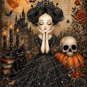 May include: A digital illustration featuring a figure in a sparkling black gown and crown, surrounded by a full orange moon, a gothic castle, a black cat, a human skull resting on a pumpkin, lit candles, and dark roses on a vintage paper background.