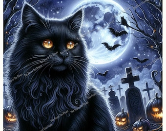 Black Cat Full Moon Fabric Panel, Quilt Sewing Square, Multiple Sizes, fc7e
