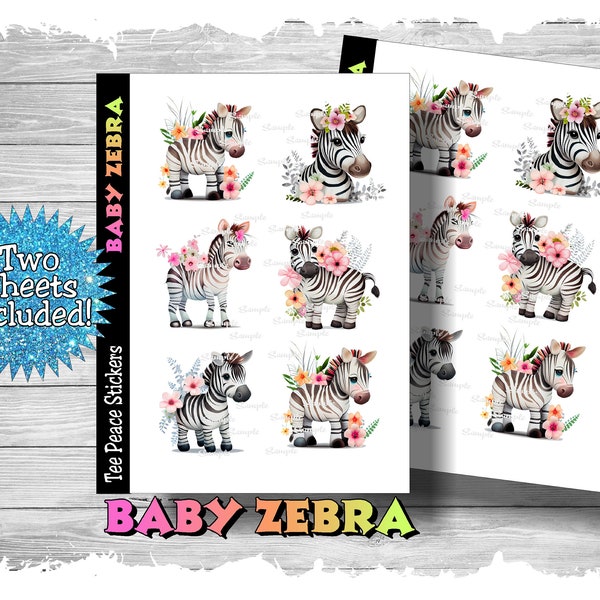 Baby Zebra Sticker Sheets, 2 Sheet Bundle, Zebra Stickers, African Zebra Sticker Pack, Zoo Zebra Planner Sticker, (a286)