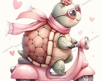 Turtle Pink Scooter Fabric Panel, Quilt Sewing Square, Multiple Sizes, fc1b