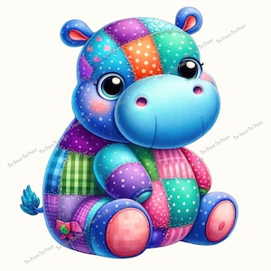 May include: A colorful patchwork hippo plush toy. The hippo is primarily blue with patches of purple, green, pink, and orange. The patches have polka dots, hearts, and plaid patterns. The hippo has large black eyes and a light blue snout.