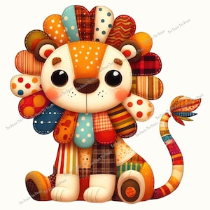 May include: A colorful patchwork lion illustration. The lion features a white face with large black eyes, a brown nose, and a stitched mouth. Its mane and body are made of various patterned fabrics in orange, red, blue, and brown. The tail is striped.