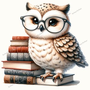 May include: A charming illustration of an owl wearing black-rimmed glasses, perched atop a stack of books. The owl has brown and white feathers, with heart-shaped markings on its head. The books have red, gray, and brown covers.