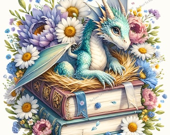 Book Dragon Fabric Panel, Quilt Sewing Square, Multiple Sizes, fc14t