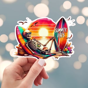 Summer Vibes Sticker, Rainbow Beach Sticker, Skeleton Rainbow Sticker, Surfing Sunset Beach Sticker, Water Bottle Sticker (40t)