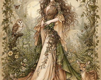 May include: A digital illustration featuring a person with long brown hair wearing a flowing tan and green gown adorned with foliage. The scene includes an owl, a rabbit, a fawn, butterflies, and mushrooms, all framed by an ornate botanical border.