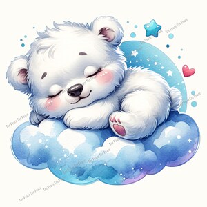 May include: A cute, cartoon-style illustration of a sleeping polar bear cub. The bear is white with pink cheeks and paws, resting on a blue cloud. A blue star and a pink heart are also present in the image.