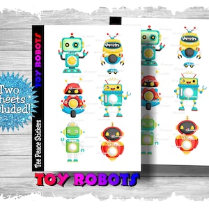 Toy Robot Sticker Sheets, 2 Sheet Bundle, Alien Robots Stickers, Boy Robots Sticker Pack, Toy Robot Planner Stickers, (a177)