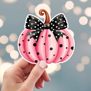 May include: A pink pumpkin with black polka dots and a black and white polka dot bow.
